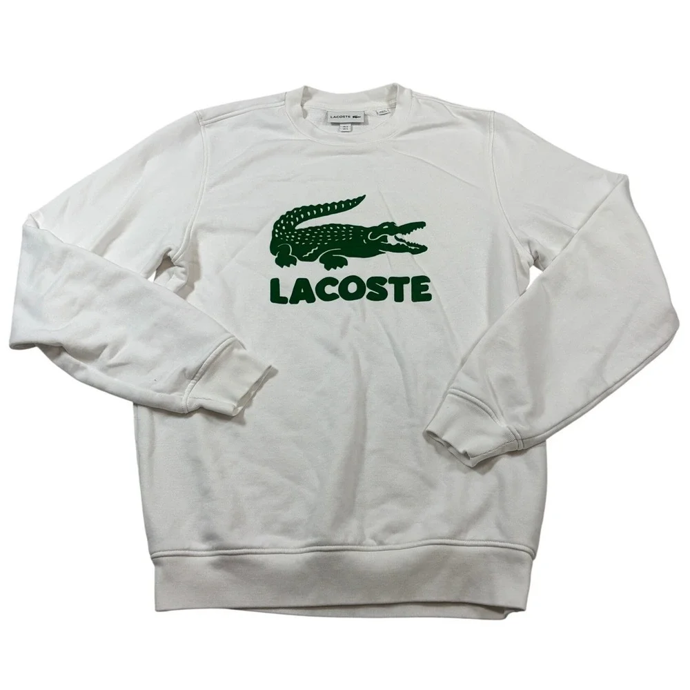 Lacoste Mens White Graphic Logo Crewneck Sweatshirt Green Crocodile Size S